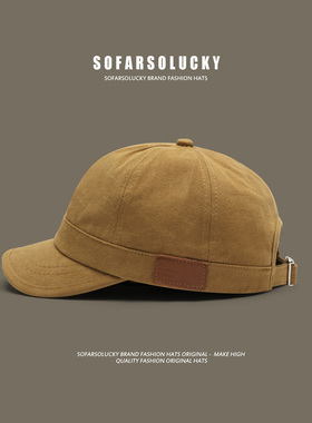 日系街头短檐帽子男复古工装棒球帽原创侧皮标潮港风软顶鸭舌帽子