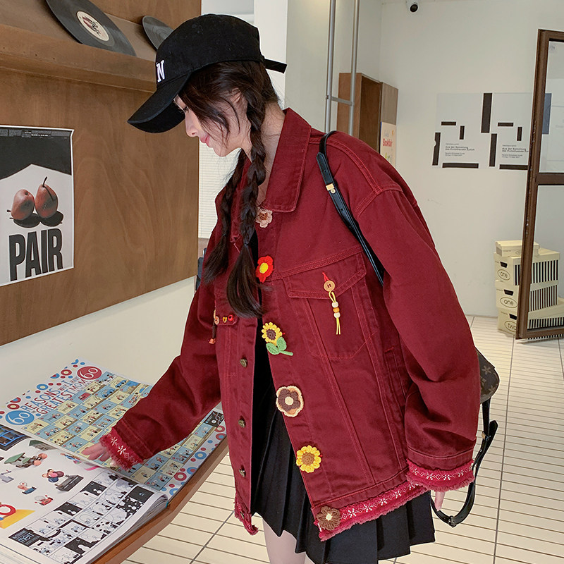 立体花朵红色牛仔外套女春装2025年新款韩版高级感学院风夹克上衣,女装短外套,2D080