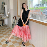 夏日氛围感穿搭无袖连衣裙女2025新款不规则设计感拼接鱼尾长裙子，女装连衣裙，浙宝123A