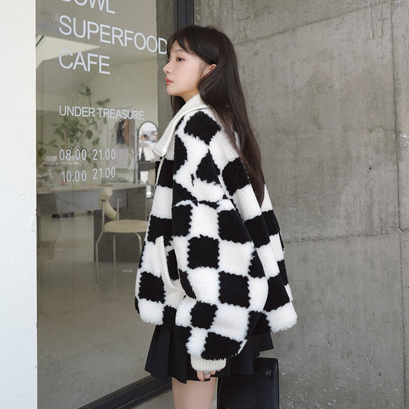 新款！22年秋冬新款棋盘格羊羔毛外套123A-9027-P185K268,女装短外套,浙宝123A