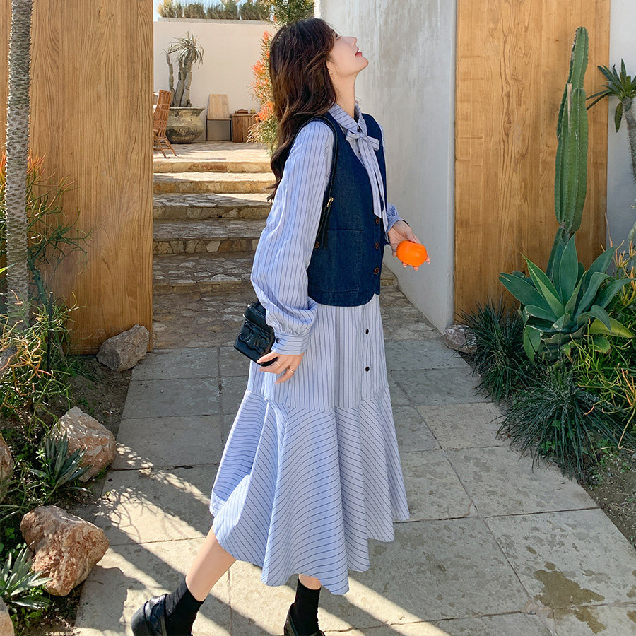 学院风牛仔马甲配条纹衬衫连衣裙女春秋2025新款鱼尾长裙两件套装,女装套装/套裙,浙宝123A