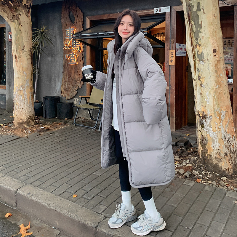 休闲灰色连帽中长款羽绒服女冬超火好看高级感白鸭绒加厚保暖外套,女装羽绒服,浙宝123A