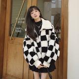 新款！22年秋冬翻领棋盘格羊羔毛外套123A-9027-P185K268，女装短外套，浙宝123A