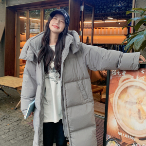休闲灰色连帽中长款羽绒服女冬超火好看高级感白鸭绒加厚保暖外套图片