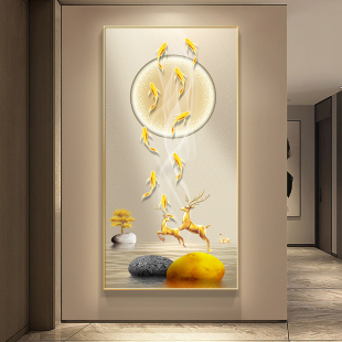 饰画九鱼图入户对墙挂画鹿高级感走廊过道壁画灯画 现代轻奢玄关装
