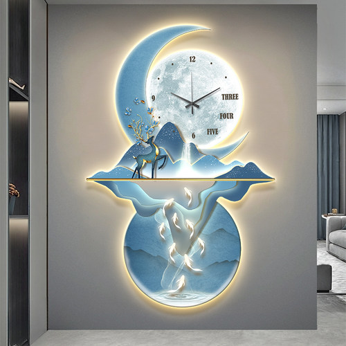 九鱼图入户玄关装饰画带钟表高级感走廊过道尽头挂画客厅壁画灯画