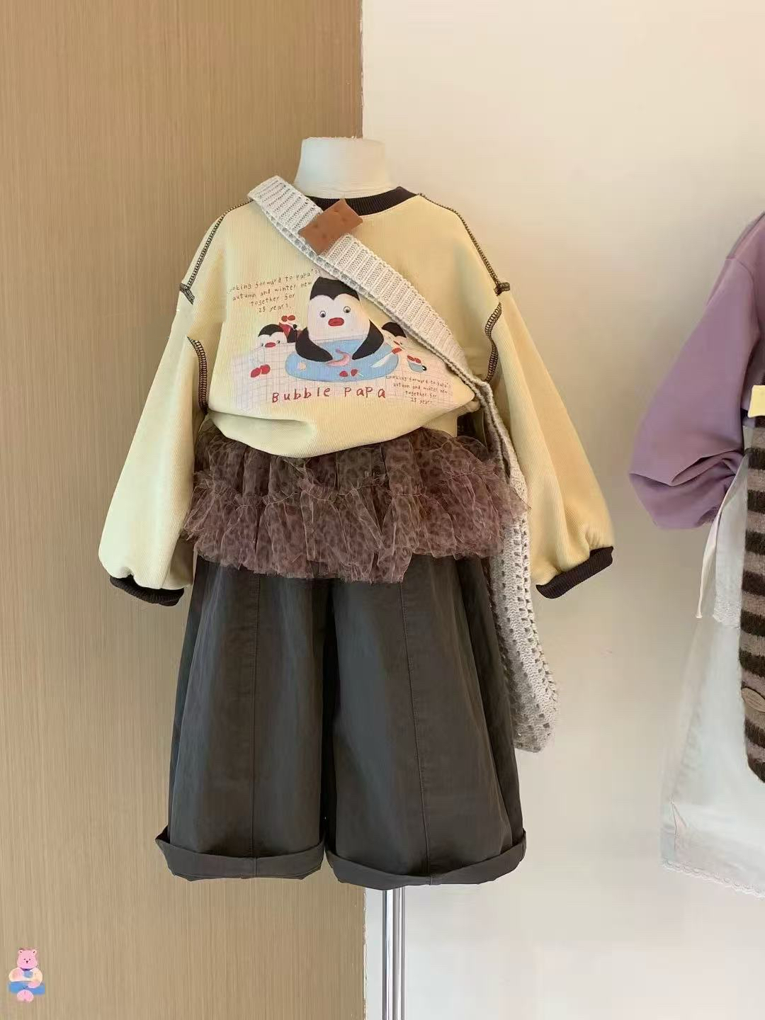 儿童长袖T恤秋装2025新女童小企鹅打底衫上衣屁帘裙+长裤叠穿套装