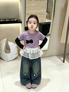 女童假两件长袖T恤秋装2026女孩小童紫色打底衫上衣t恤牛仔裤套装