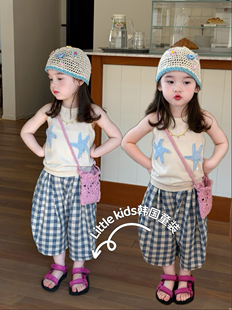 女童夏装背心套装2026儿童星星无袖T恤上衣+宽松棉麻格子裤两件套