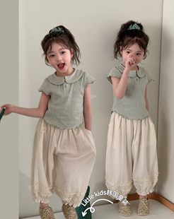 女童夏款绝美小套装2026女孩娃娃衫上衣短袖T恤+花边阔腿裤两件套