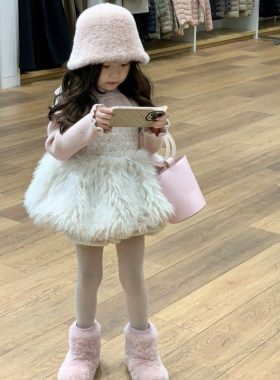 女童毛毛马甲加厚秋冬2025女宝宝甜美三件套毛衣坎肩背心洋气套装