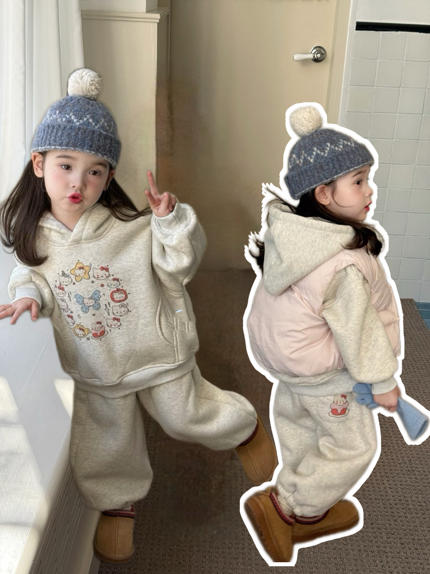 儿童kt猫卫衣卫裤套装秋冬2025女童连帽卫衣加绒加厚羊驼绒两件套