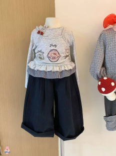 女童kt猫长袖t恤秋装2025韩女孩斜肩吊带假2件花边打底衫叠穿套装