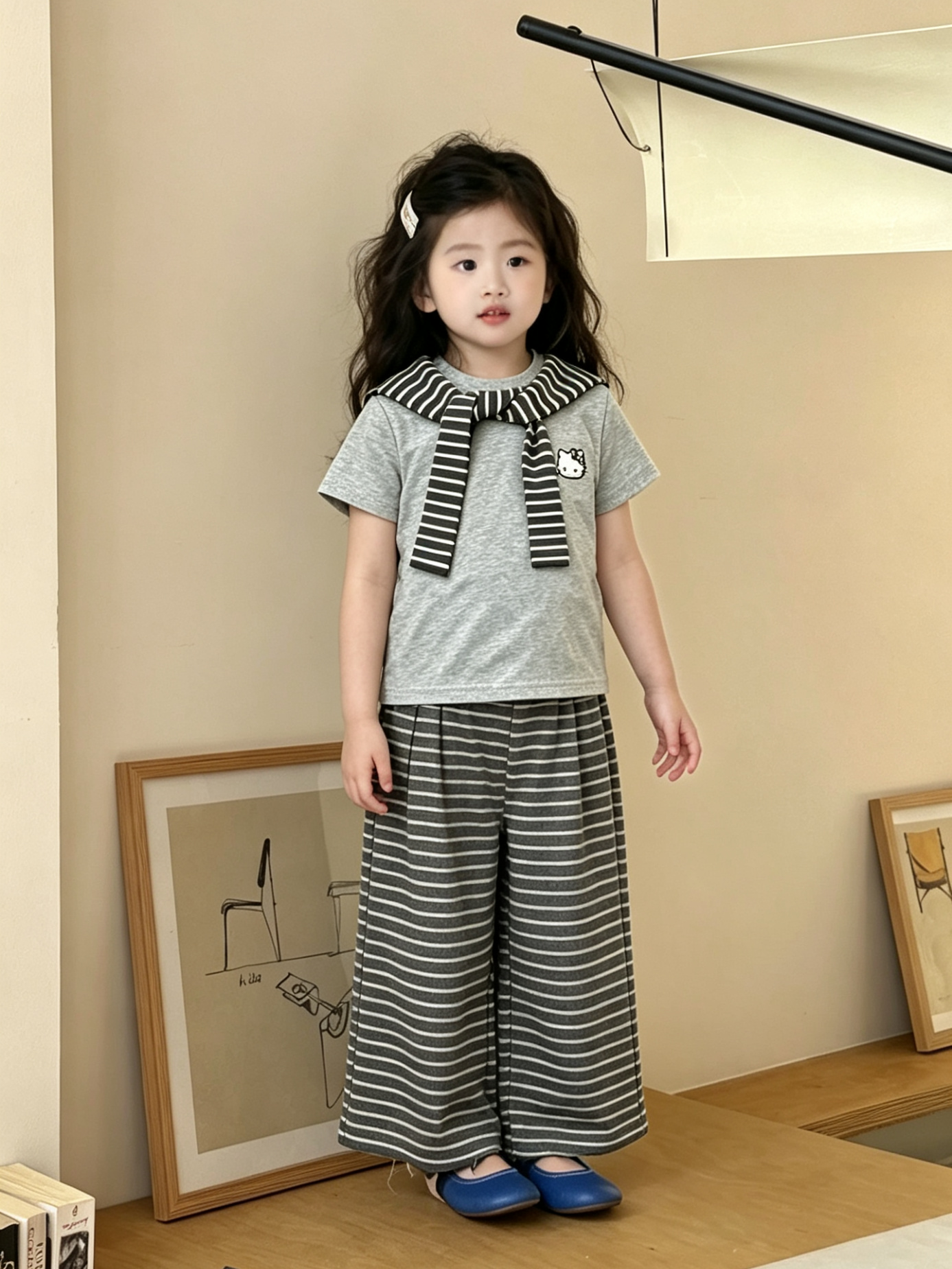 女童休闲套装夏装2026儿童披肩领短袖t恤+条纹休闲裤子灰色两件套