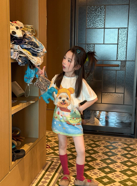 女童多巴胺绝美套装夏2026儿童卡通小狗短袖T恤+kt猫半身裙两件套