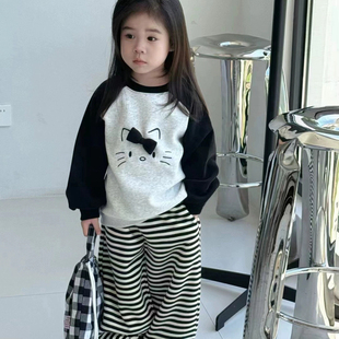 套装 2024女童韩系圆领套头卫衣条纹休闲裤 秋款 hellokitty儿童套装