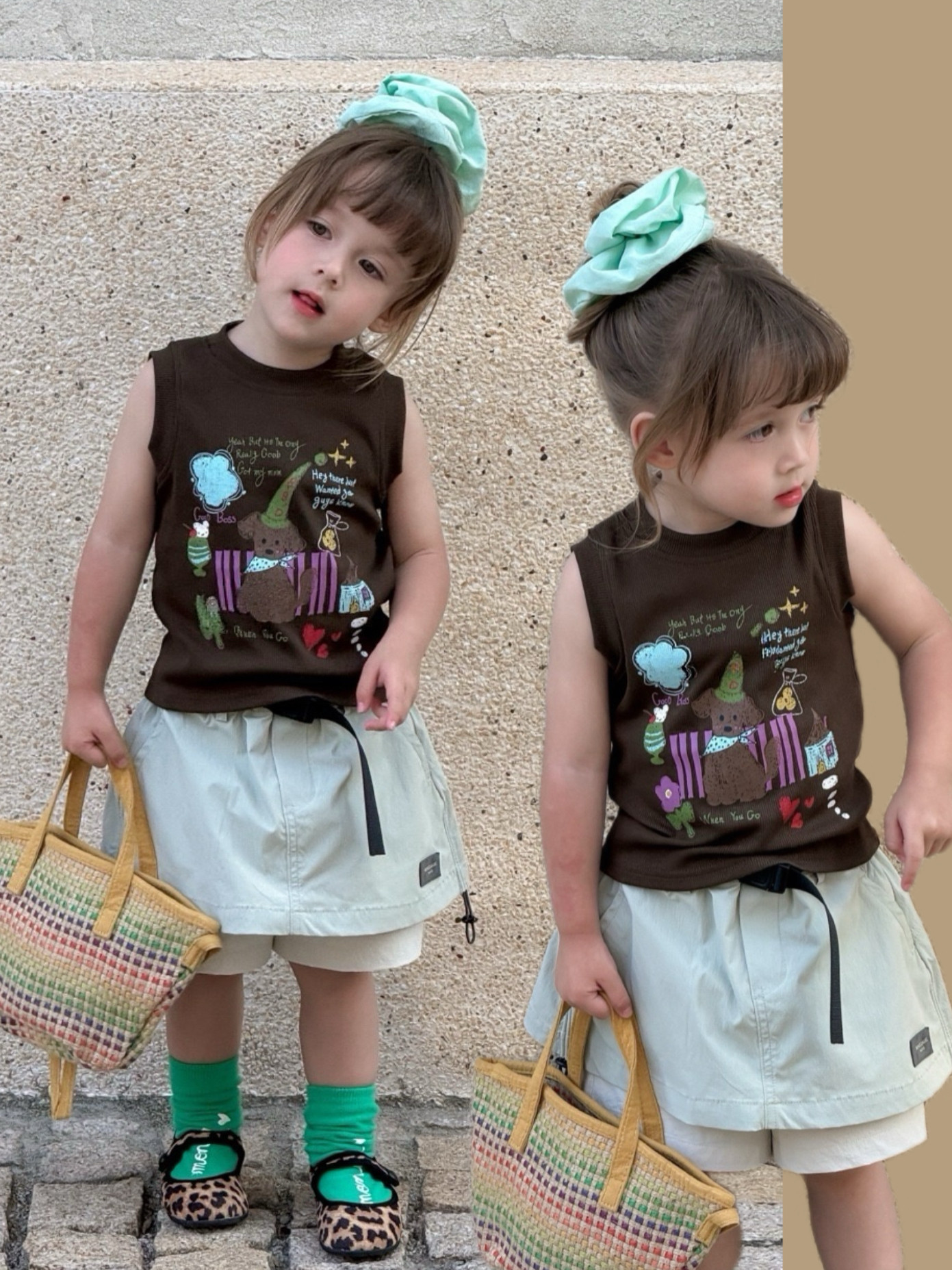 女童夏款背心套装2026儿童印花无袖T恤+短裙两件套女孩短袖短裤潮