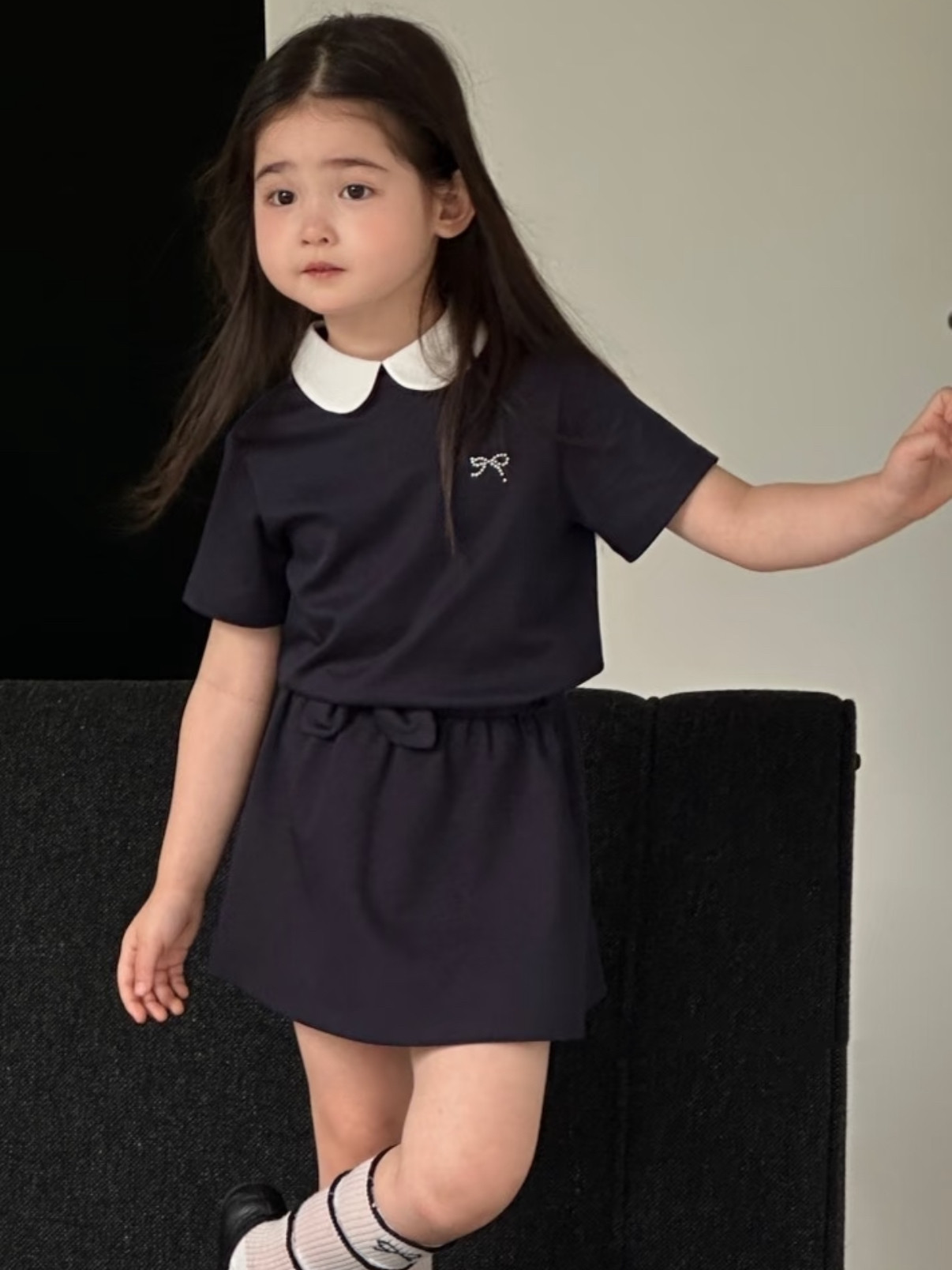 女童夏款学院风套装2026夏季日系翻领短袖T恤裙子女孩miu系两件套