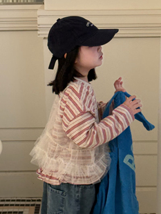 女童叠穿上衣t恤春夏2026女孩韩系背心网纱吊带条纹长袖T恤衫套装