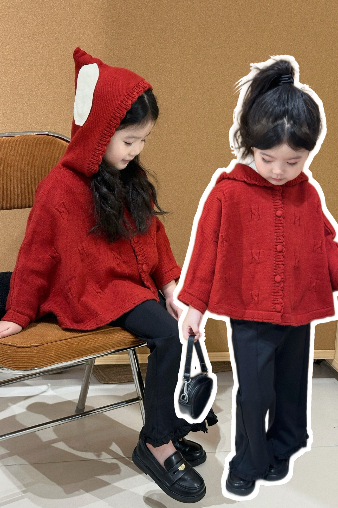 女童斗篷毛衣秋装2025女宝抗起球红色披肩上衣加厚针织兔耳朵外套