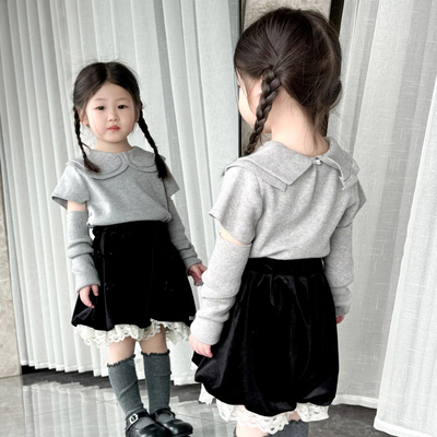 女童针织短袖带袖套春装2025女宝娃娃领毛衣上衣套头打底衫丝绒裤