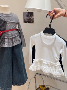 女童花边长袖t恤秋冬2025女孩木耳边下摆t叠穿上衣保暖内搭打底衫