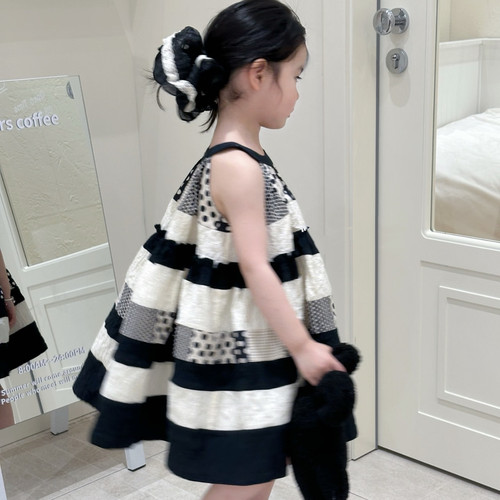 女童挂脖连衣裙夏2025新款女宝韩版拼色吊带裙儿童气质薄款长裙子