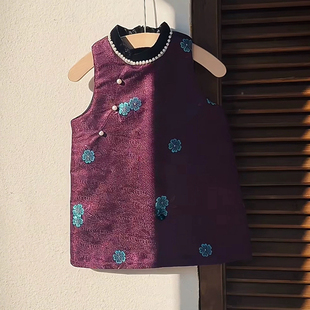 儿童新中式汉服裙2025女宝幕山紫钉珠加绒拜年服连衣裙盘扣旗袍裙