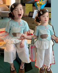 女童kt猫短袖裤子套装夏装2026女孩花边屁帘阔腿裤+纯棉t恤上衣潮