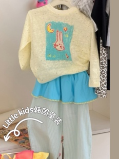 2026儿童洋气兔子印花短袖 女童长袖 裤 子叠穿套装 上衣带屁帘休闲裤