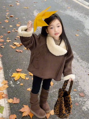 女童鹿皮绒外套加绒秋冬新2025女童加厚保暖羊羔皮毛一体短款外套