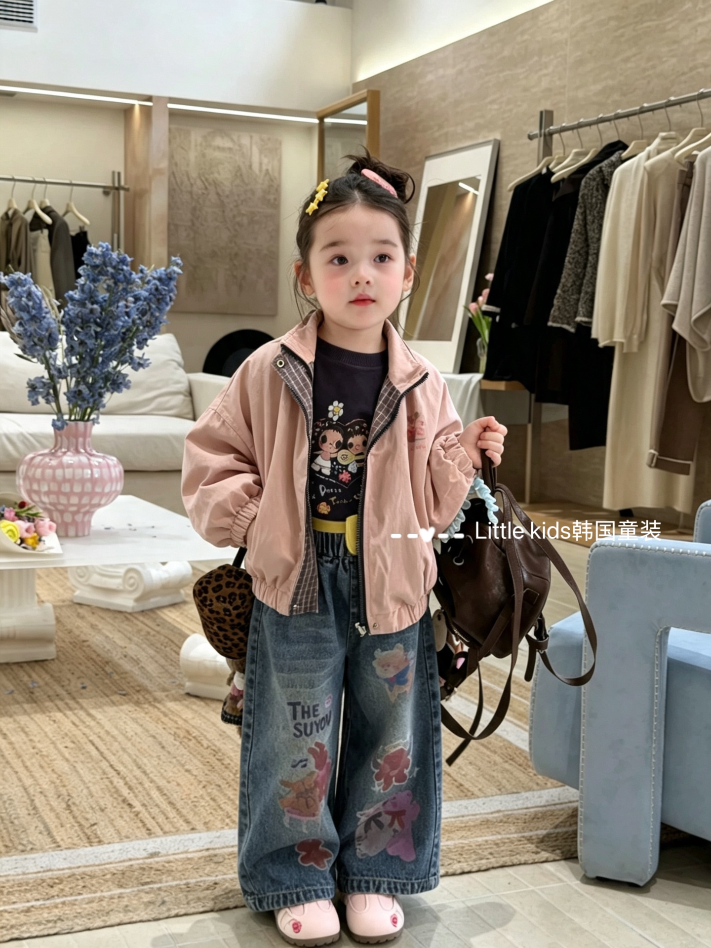 女童两面穿外套秋装2026新女孩涂鸦牛仔裤打底裤短款风衣夹克外套图片
