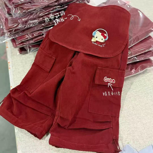 女童裤子带p帘秋装2025儿童裤子2件套休闲裤红色hellokitty工装裤