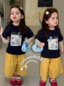 T恤套装 春装 2026儿童拼接假两件上衣 女童kt猫长袖 休闲裤 两件套潮