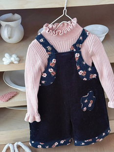 女童加绒背带裤套装秋冬2025女宝木耳边毛衣可爱灯芯绒连体裤裤子