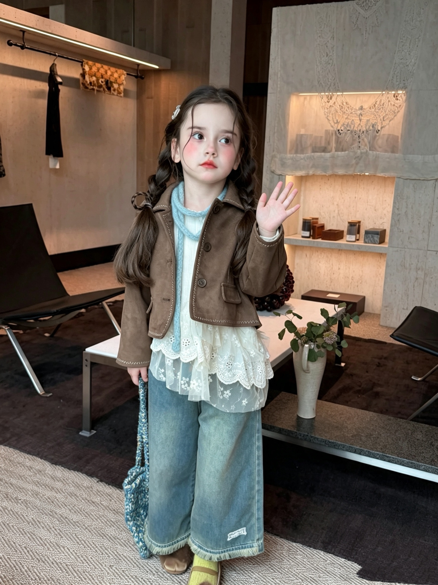 女童麂皮绒夹克外套秋装2026女孩帅气机车服外套复古棕色短款皮衣