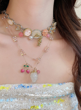 水晶串珠滴油花朵草莓项链甜酷风