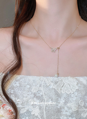 18k真金电镀锆石蝴蝶珍珠项链精