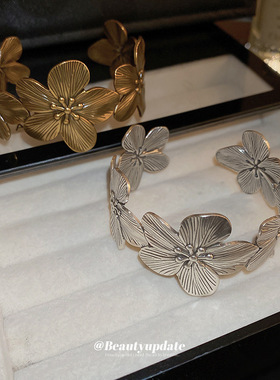 中古vintage花朵开口手镯欧美小众时尚手环复古高级感手饰女