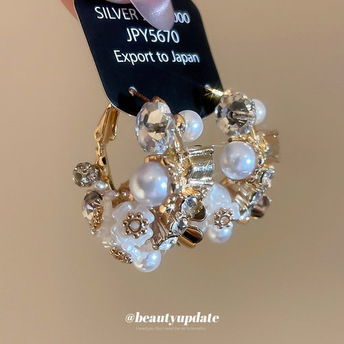 银针镶钻花朵珍珠耳圈法式复古优