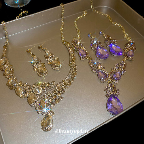 镶钻水滴吊坠两件套项链欧美宫廷