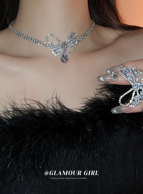 锆石镂空蝴蝶结水滴项链耳钉套装韩国轻奢高级感锁骨链时尚项饰女