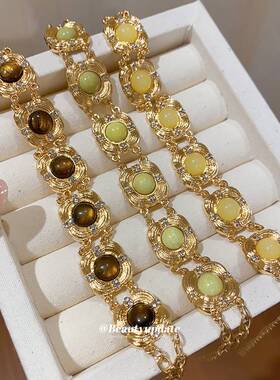 Vintage中古镶钻方形石头拼接手链女轻奢高级感手环小众重工手饰