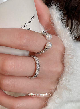 韩系新款锆石珍珠开口戒指冷淡风