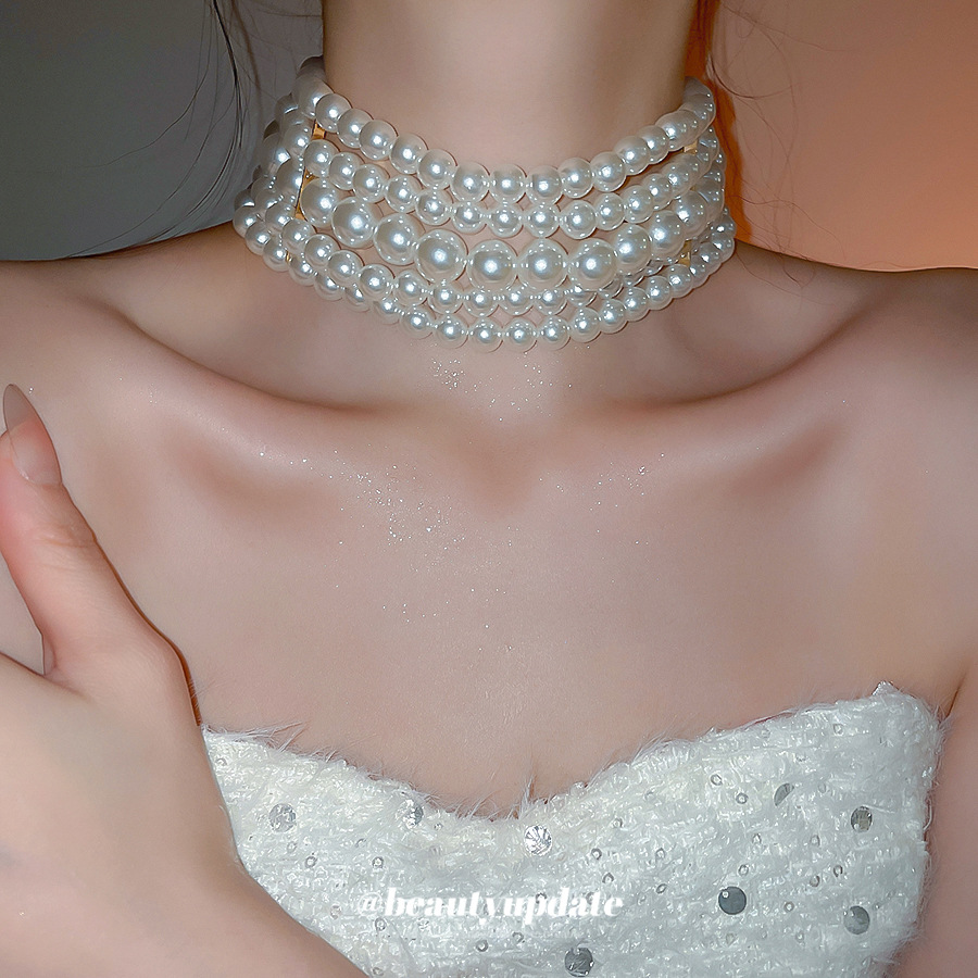 赫本风复古多层仿珍珠项链小香颈