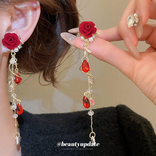 银针植绒花朵流苏珍珠耳钉优雅甜