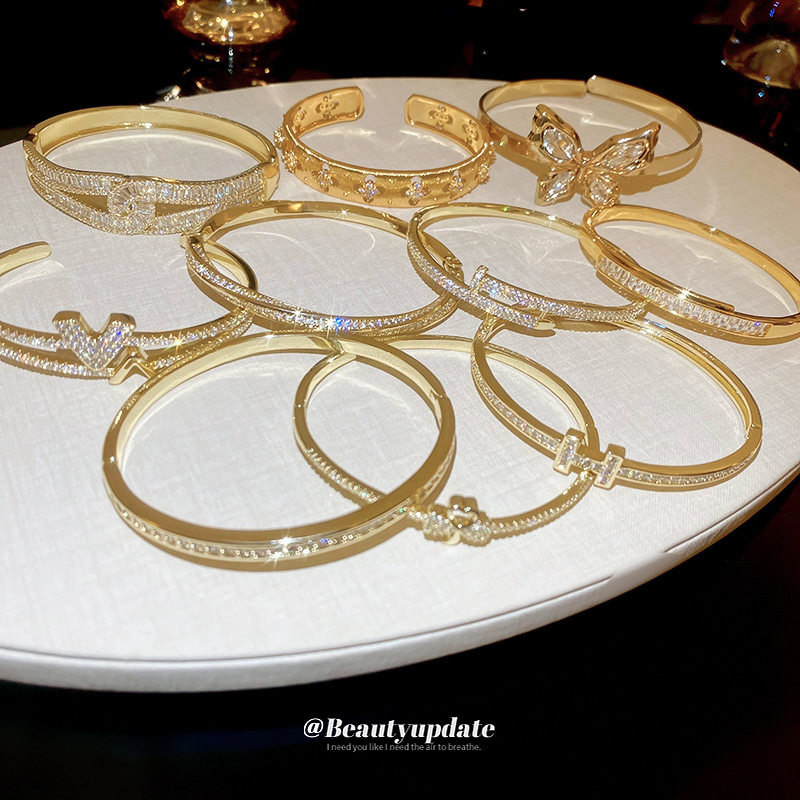 REAL GOLD ELECTROPLATING DIAMONDS LETTER OPEN-ENDED BRACELET NICHE VERSATILE BRACELET 2024 NEW LIGHT LUXURY HIGH-END HAND JEWELRY WOMEN