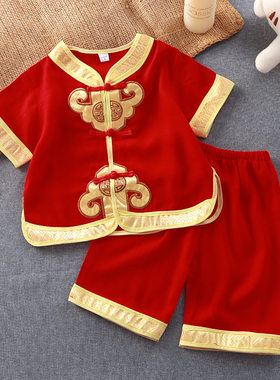 一周岁抓周礼服夏季款百天婴儿红色连体哈衣分体套装抓阄唐装短袖