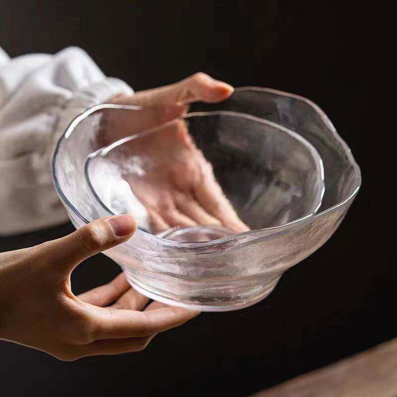 日式锤纹玻璃水果沙拉碗家用手工不规则餐具甜品碗大号创意冷面碗