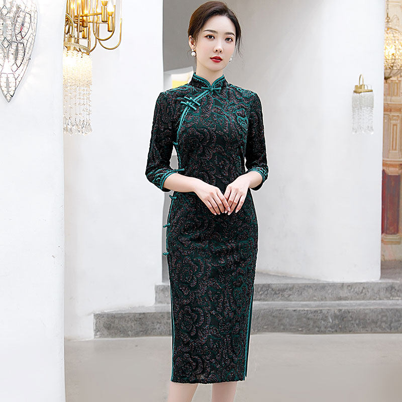 旗袍女2021年新款秋冬款高端气质金丝绒长袖长款大码加厚改良妈妈